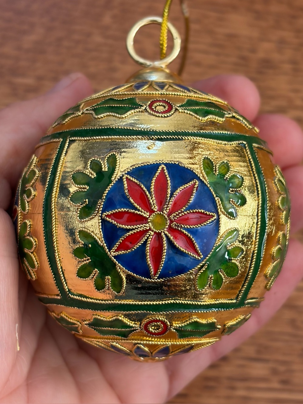 Vintage Cloisonne Enamel Christmas Bauble Ball Ornament Poinsettia Holly Gold